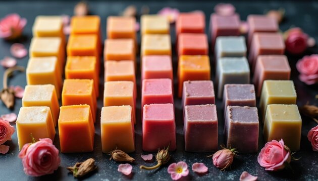 Small colorful square soaps arranged neatly in rows. Dried flowers and rose petals decorate the dark surface around the bath bars. Natural skincare items.
