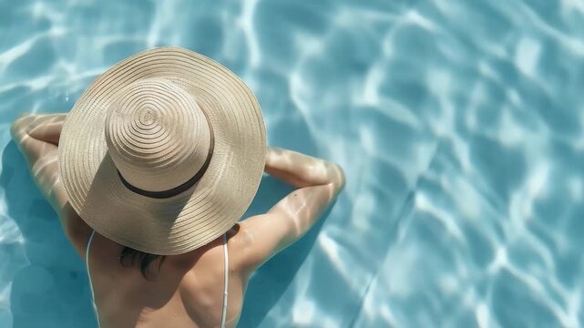 From an overhead view, a woman with a large sunhat floats serenely in a pool. The water's surface ripples with light, creating a calming backdrop. Relaxing under the sun, enjoying summer.