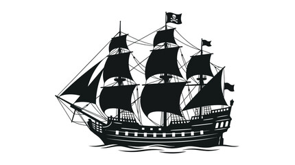 Pirate Ship Silhouette Against White Background Detailed Nautical Illustration © Creator Rima Akter