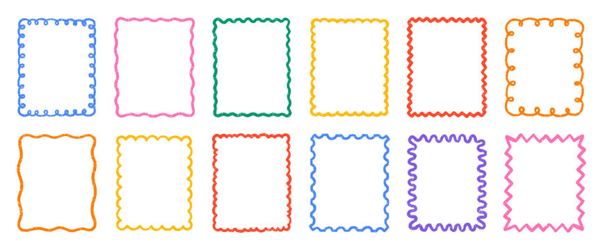 Crayon kids frames and chalk children text box with wavy and zigzag ornament. Color borders in sketch style with grunge pencil texture. Hand drawn illustration isolated on transparent background