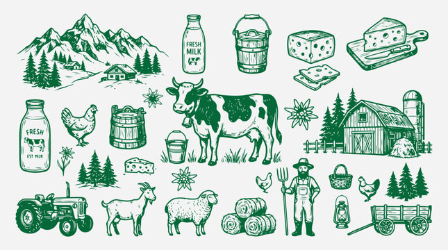 Set of farm elements, dairy products, animals, and rural landscape editable vector