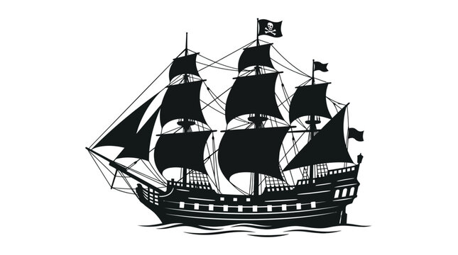 Pirate Ship Silhouette Against White Background Detailed Nautical Illustration