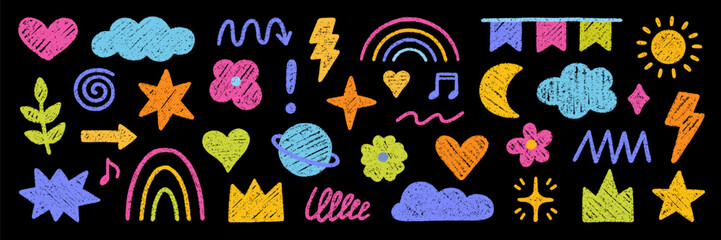 Obraz premium Crayon cute kids elements, chalk pencil preschool kindergarten doodle icons set. Hand drawn childish scribble rainbow, stars, flower, crown in sketch style. Illustration isolated on black background