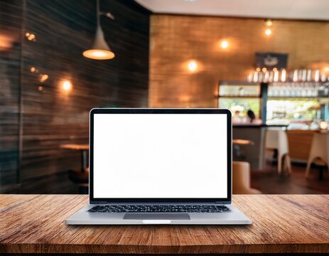 laptop blank screen on wood table with cafe background mockup copy space for banner