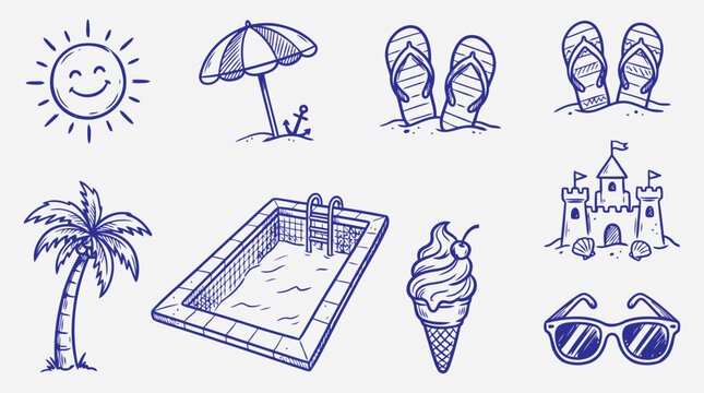 Summer vacation icons set with sun, beach umbrella, flip flops, palm tree, swimming pool, ice cream, sandcastle and sunglasses editable vector