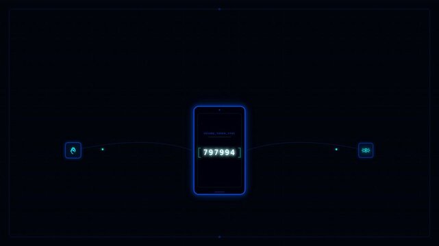 Motion of a glowing smartphone with animated digital effects in a futuristic digital environment.