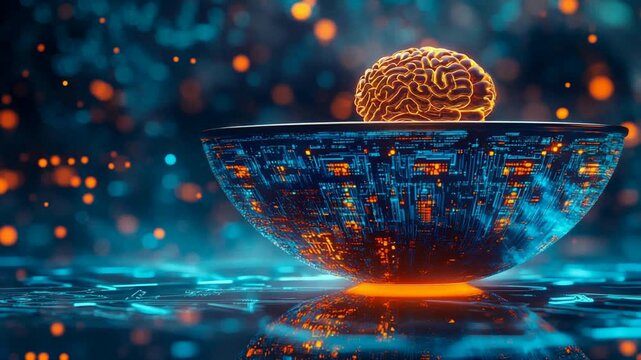 Glowing human brain model in futuristic digital circuit bowl, artificial intelligence concept, neural network data processing, cybernetic technology