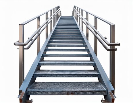 new modern metal staircase for outdoors use built with stainless and galvanized steel metal sheet with improved adherence concepts isolated on white