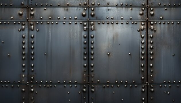 industrial degraded and grungy sheet metal background texture with rivets evenly spaced