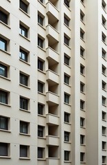 Fototapeta premium Tall residential apartment building facade with repetitive windows and balconies. Neutral color walls create pattern of urban texture. Modern architecture abstract.