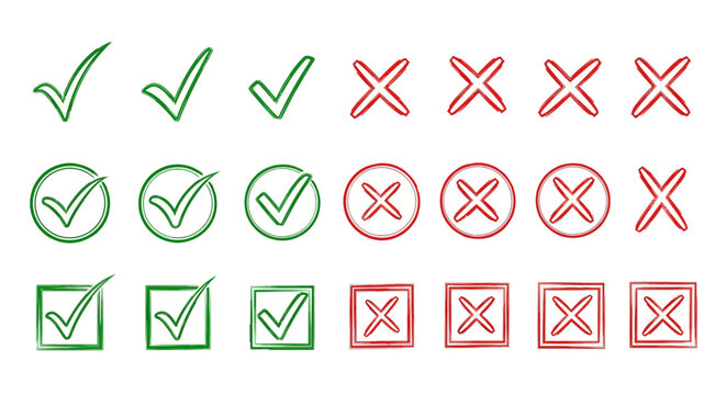 Collection of green checkmarks and red cross marks in different shapes and styles for approval and rejection symbols