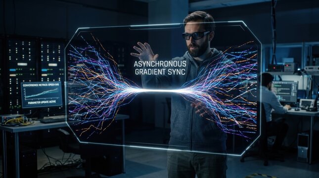 Man observing holographic display of asynchronous gradient sync with glowing data streams in a modern lab