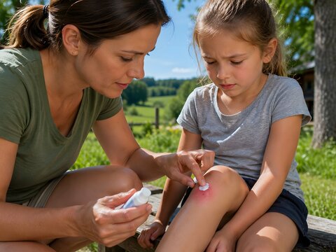 Parent treating horse fly bite on child outdoors: Family healthcare concept showing treatment of a horse fly bite during outdoor summer activities.