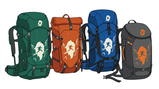 Four colorful hiking backpacks with logo on white background