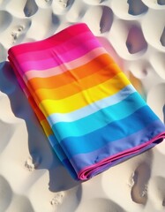 Obraz premium Colorful striped beach towel lies folded on pristine white sand. Bright sun casts shadows on soft dunes. Vivid rainbow pattern adds cheerful vacation vibes to seaside relaxation.