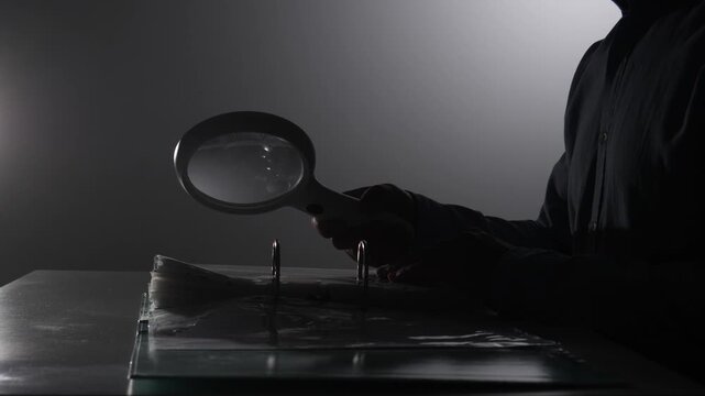Person studying confidential files and analyzing data with a magnifying glass, focusing on details in a dark, mysterious setting, symbolizing investigation and secrecy