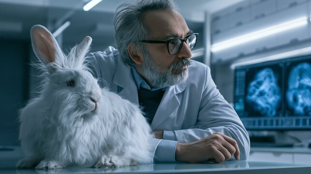 Researcher in a lab observing a rabbit beside fiber-optic muscle scans on a screen, calm clinical mood, cool fluorescent light, side composition.