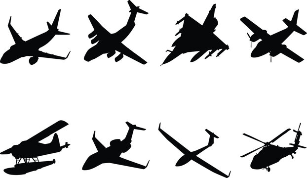 Aircraft silhouettes featuring airplanes, helicopters, gliders, seaplanes, and private jet designs for aviation concepts