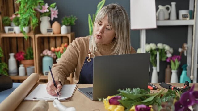 Woman florist in apron smiling and writing on clipboard beside laptop with bouquets and pruning shears in studio; small business focused.