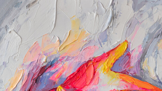 Full hand painting on canvas showing fragments of color and texture created with oil paint and palette knife techniques