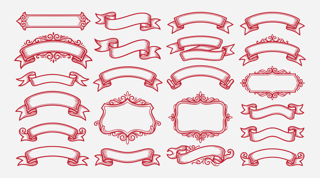 Set of vintage red ribbons and frames for design elements, decorative banners and labels isolated on white background editable vector