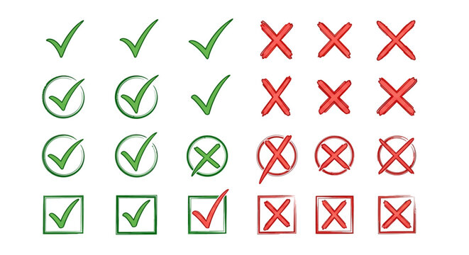 Diverse collection of green checkmark and red cross vector icons. Perfect for indicating correct, incorrect, approval, or rejection status across digital interfaces