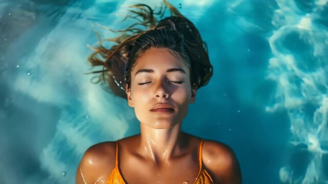 A woman with eyes closed floats in a clear pool, embodying tranquility and relaxation. This image promotes wellness, selfcare, and invites viewers to appreciate the beauty of calm moments