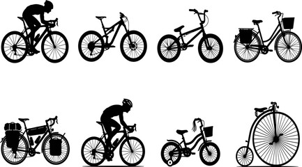 Obraz premium Bicycle silhouettes with road bike, mountain bike, BMX, city bike, touring bike, children’s bike, and vintage penny-farthing vector set