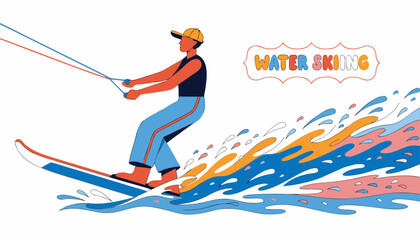 Fototapeta premium Very beautiful colorful vector illustration featuring a WATER SKIER gliding rapidly across a sparkling lake, creating elegant spray trails, balanced athletic posture, bright summer atmosphere, and dec