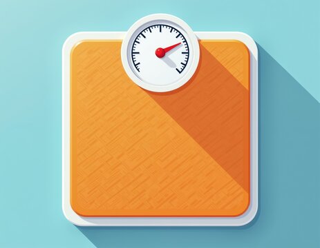Orange weighing scale with a circular dial and red needle. The scale sits on a light blue background with a shadow. Illustration of body weight measure and health tracking.