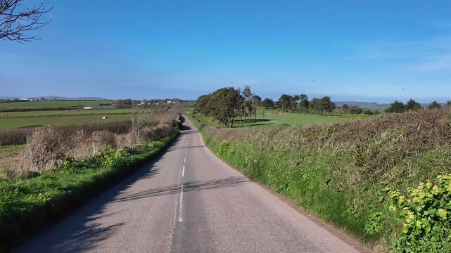 Bigbury south Devon England UK. 27.03.2026. Video. A car travels along a winding asphalt road bordered by vibrant green hedgerows and fields under a clear blue sky
