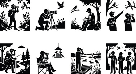Obraz premium Birdwatching silhouettes of people observing birds with binoculars, cameras, and notebooks in natural outdoor environments