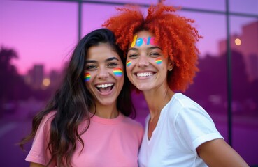 Obraz premium Two women smile with rainbow stickers and love sticker on faces. They wear colorful clothes against purple glass wall background. Friends celebrate pride event outdoors with joy.