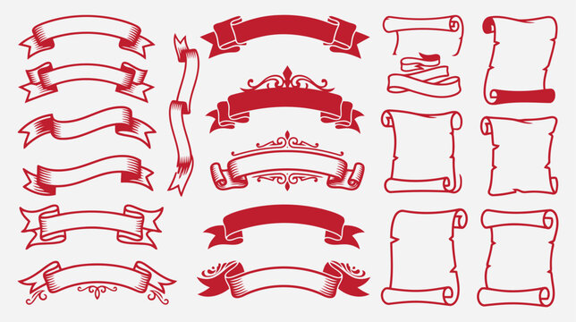 Set of vintage red ribbons and scrolls isolated on white background editable vector