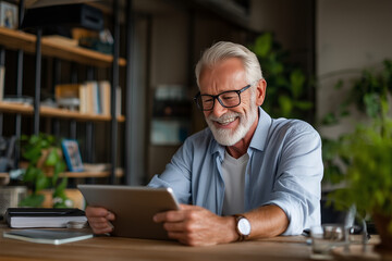 Fototapeta premium An elderly man connects joyfully with family via video chat. 