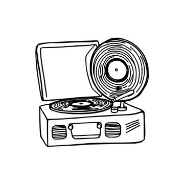 Gramophone set with doodle style illustration of a spinning vinyl and retro vibe featuring marker lines, whimsical, vintage with black and white and white background