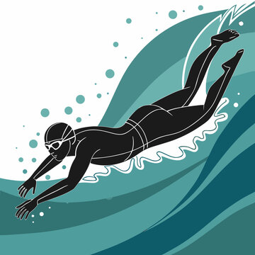 Graphic illustration of professional swimmer gliding through water with swimming natation underwater exercise
