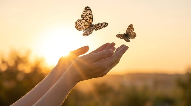 Two delicate butterflies flying away from human hands held out towards the bright warm golden light of a summer sunset