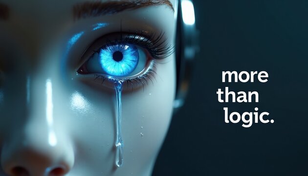 Robotic eye cries blue tears next to text more than logic. Explores artificial intelligence emotional capacity, consciousness, and empathy development in machines.