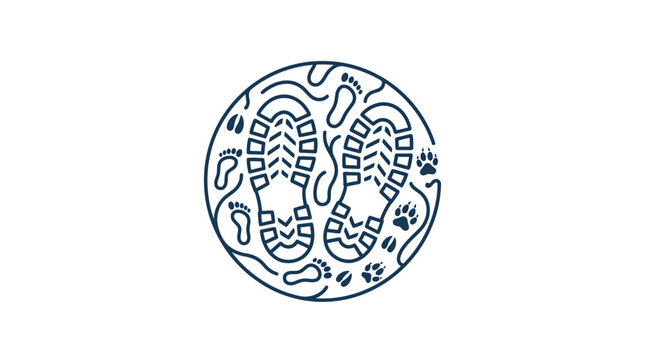 Circular badge with shoe prints and animal tracks.