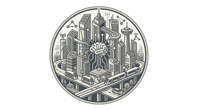 Circular city layout with central AI brain controlling infrastructure.
