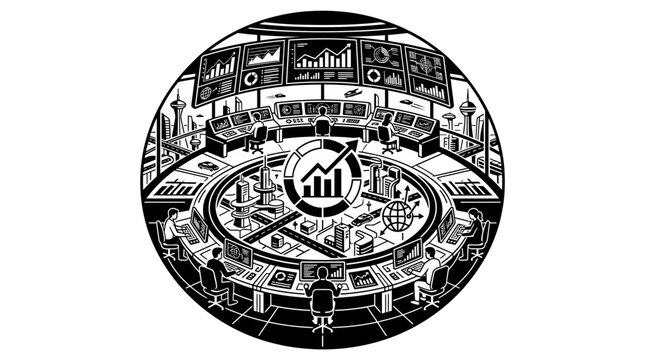 Circular command center with high-tech data monitoring screens