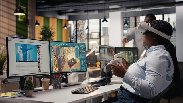 VR headset simulation, architectural floor plan, designing apartment layout and blueprint on PC with 3D modeling software, woman employee using CAD virtual tools and VR glasses, for immersive design.