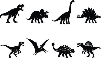 Prehistoric dinosaur silhouettes collection featuring Tyrannosaurus, Triceratops, Brachiosaurus, Stegosaurus, Velociraptor, Pteranodon, Ankylosaurus, and Spinosaurus © MstAlifnur