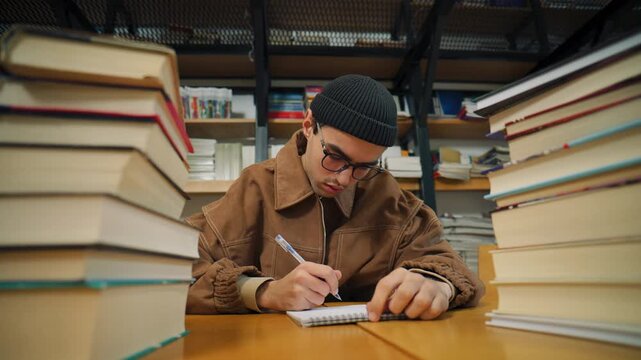 Student writes notes in a library surrounded by stacks of books while focused on study tasks during a quiet afternoon