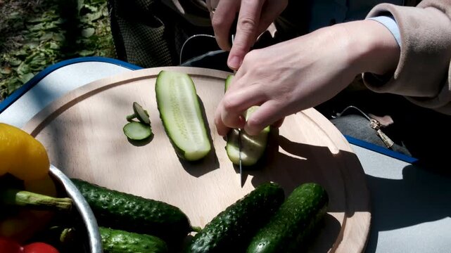 cutting cucumbers into strips in the sunlight outdoors in the garden in spring cucumber harvest. High quality 4k footage