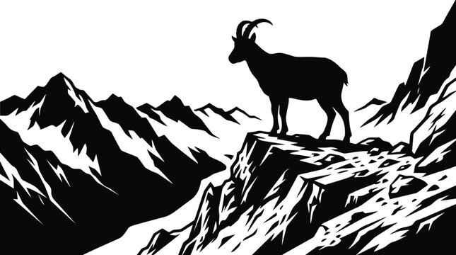 Silhouette of an ibex standing on a rocky mountain cliff with a panoramic view of the peaks in the background editable vector file isolated on transparent background