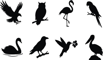 Obraz premium Stylized vector bird silhouettes featuring eagle, owl, flamingo, parrot, swan, crow, hummingbird, and pelican designs