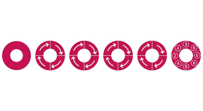 Dynamic circular process diagram illustrating continuous workflow, sequential stages, and iterative development with directional arrows and numbered steps for project management visualization