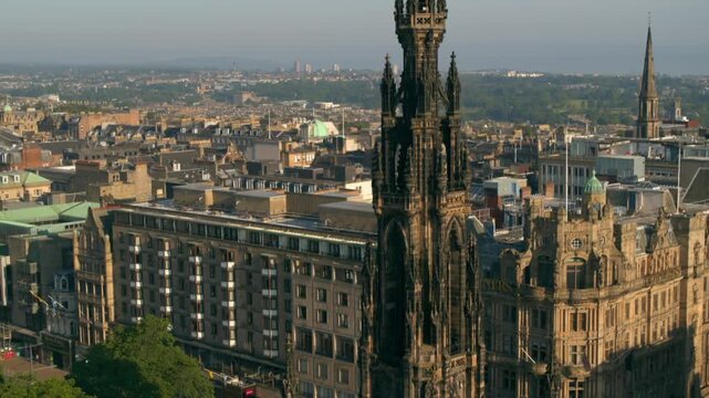 High angle view of the historic Scott Monument and Edinburgh's New Town cityscape in Scotland